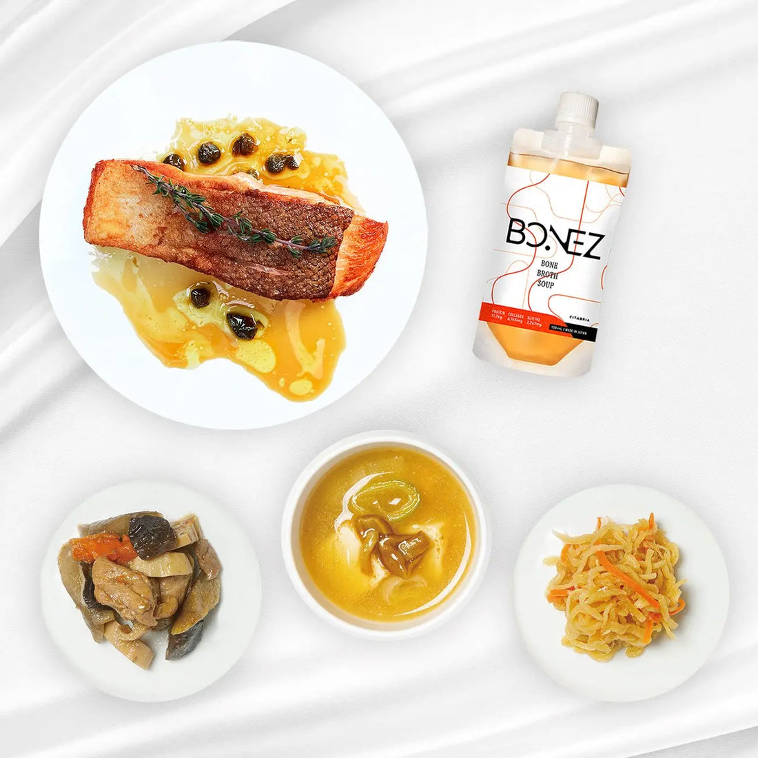 ボーンブロスBONEZ筋肉と腸内環境サポートセットのサーモンソテーと発酵食材のプレート